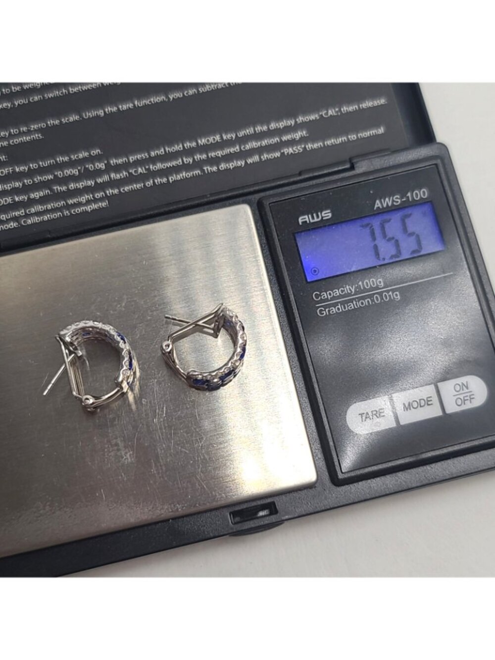 Sterling Silver Blue & Clear stone  Huggie Hoop Earrings S 925 Pierced 7.55g - Picture 9 of 9